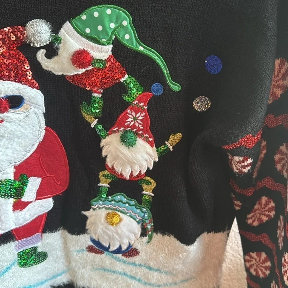 Festive Christmas Sweater with Santa and Elves Womens Size Medium Glam Xmas Top